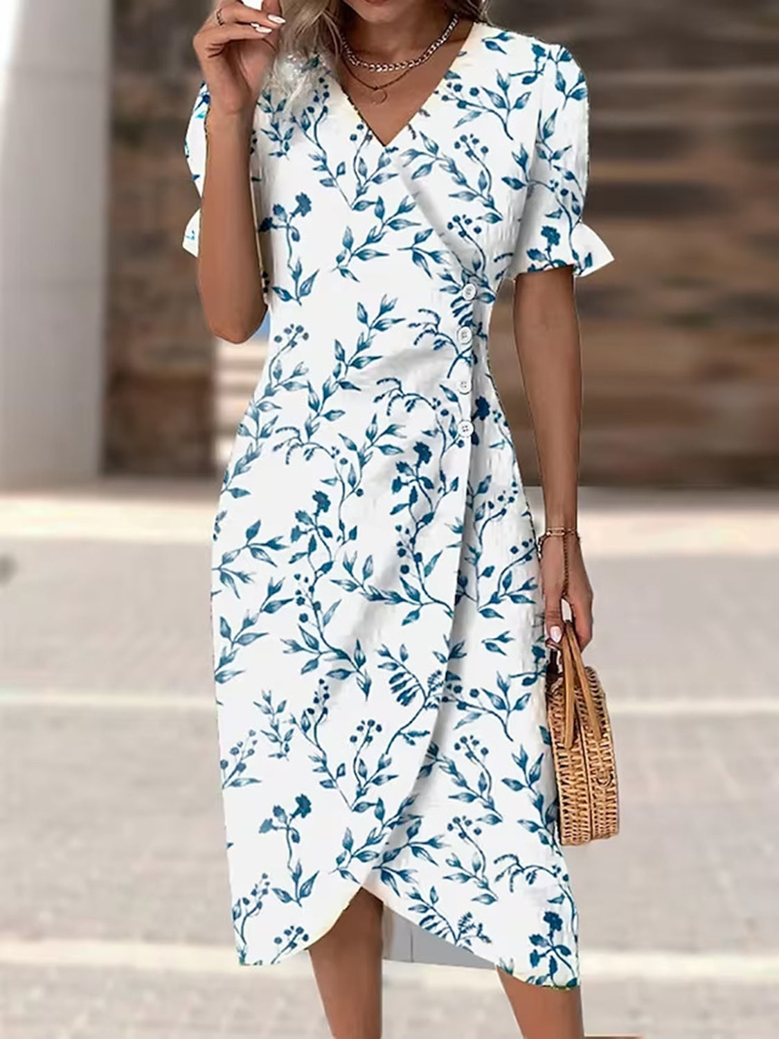 Printed Surplice Flounce Sleeve Midi Dress