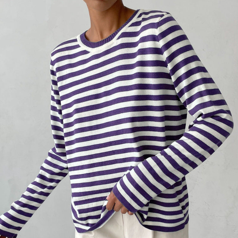 New Knitted Striped Long Sleeved Sweater Versatile Pullover Tops Womens Clothing