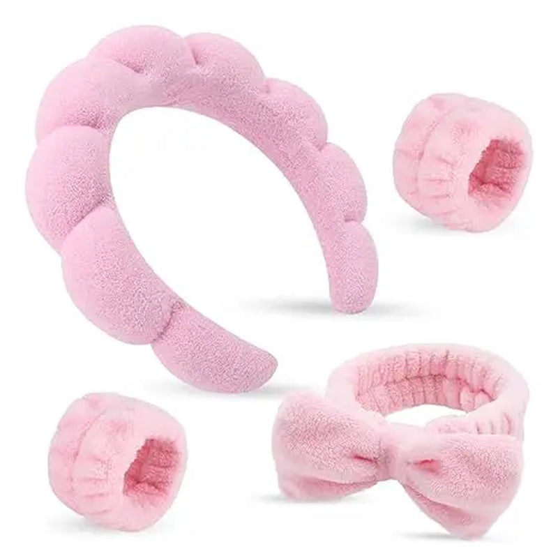 4Pcs/Set Bow Face Wash Headband with Wristbands for Women, Fleeced Headband for Washing Face, Girls Make up & Spa Hair Band
