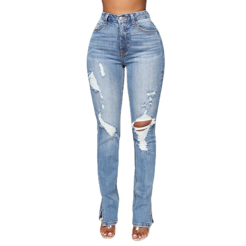  Blue Water Washed Hole High Waist Jeans