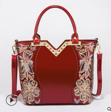 Luxury Sequin Embroidery Women's Patent Leather Handbag