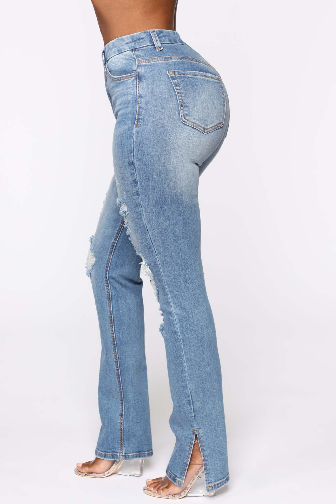  Blue Water Washed Hole High Waist Jeans