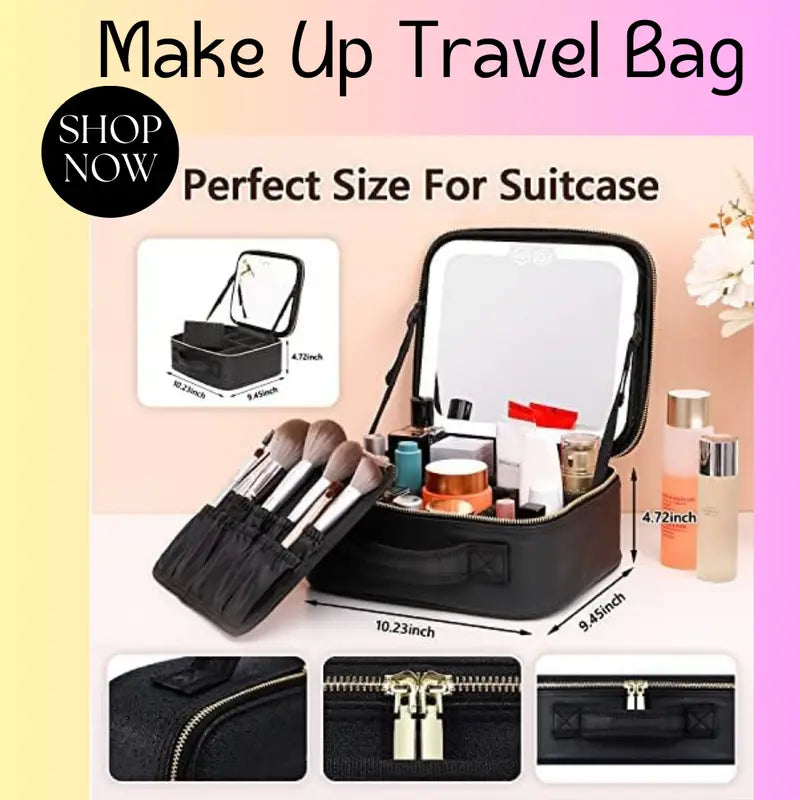 Travel Makeup Bag with LED Lighted Mirror