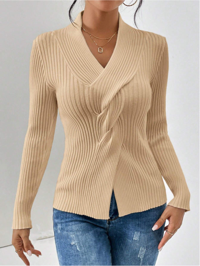 Women's Knitwear Thread Slit Hemline At Hem Long Sleeve Solid Color Slim Fit Sweater